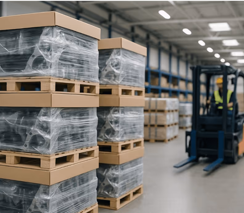 Gestapelte Paletten in Lagerhalle, Gabelstapler bewegt Waren, industrielle Umgebung mit Regalen im Hintergrund.