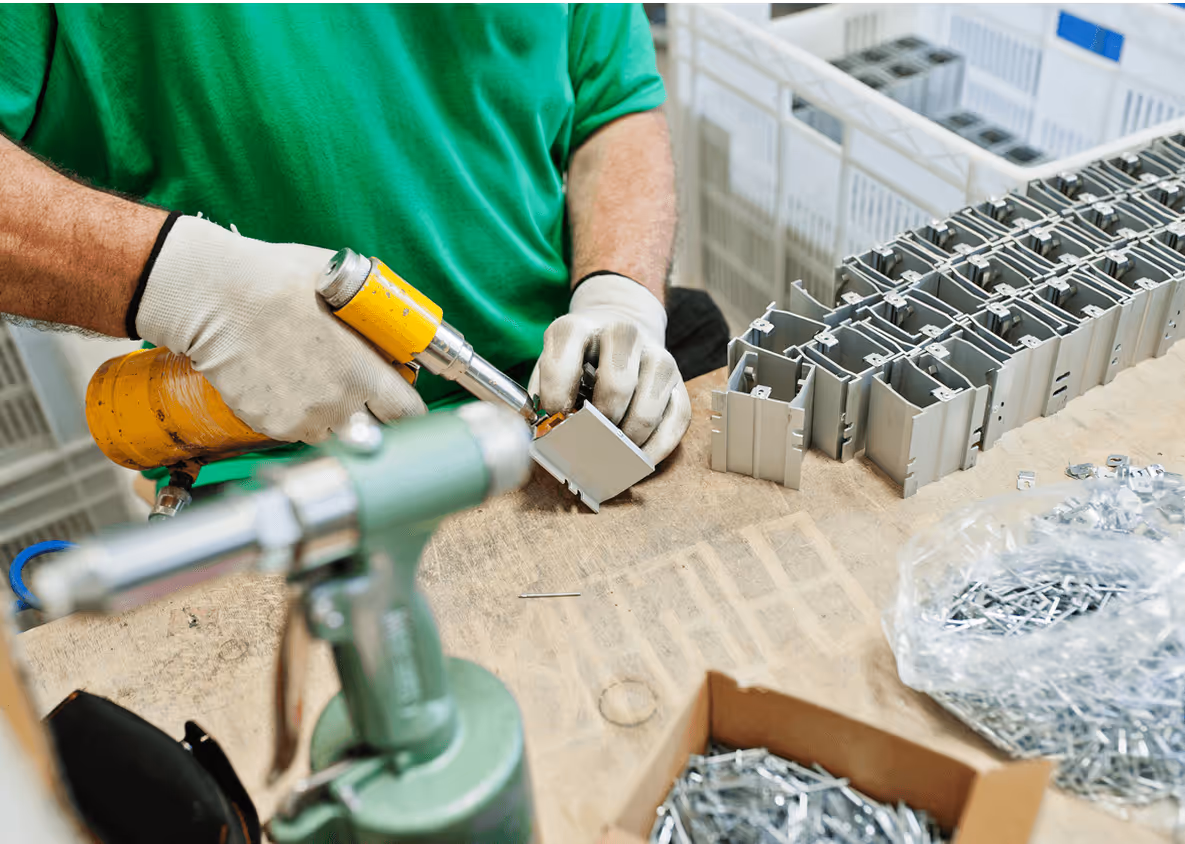 Person montiert Metallgehäuse am Tisch mit Schrauben und Schraubendreher in industrieller Umgebung.