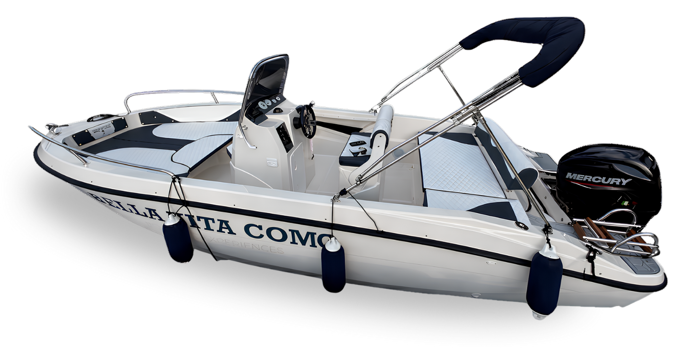 Лодка Trimarchi BELLAVITACOMO с черно-белыми мягкими сиденьями, рулевым колесом и подвесным мотором Mercury.