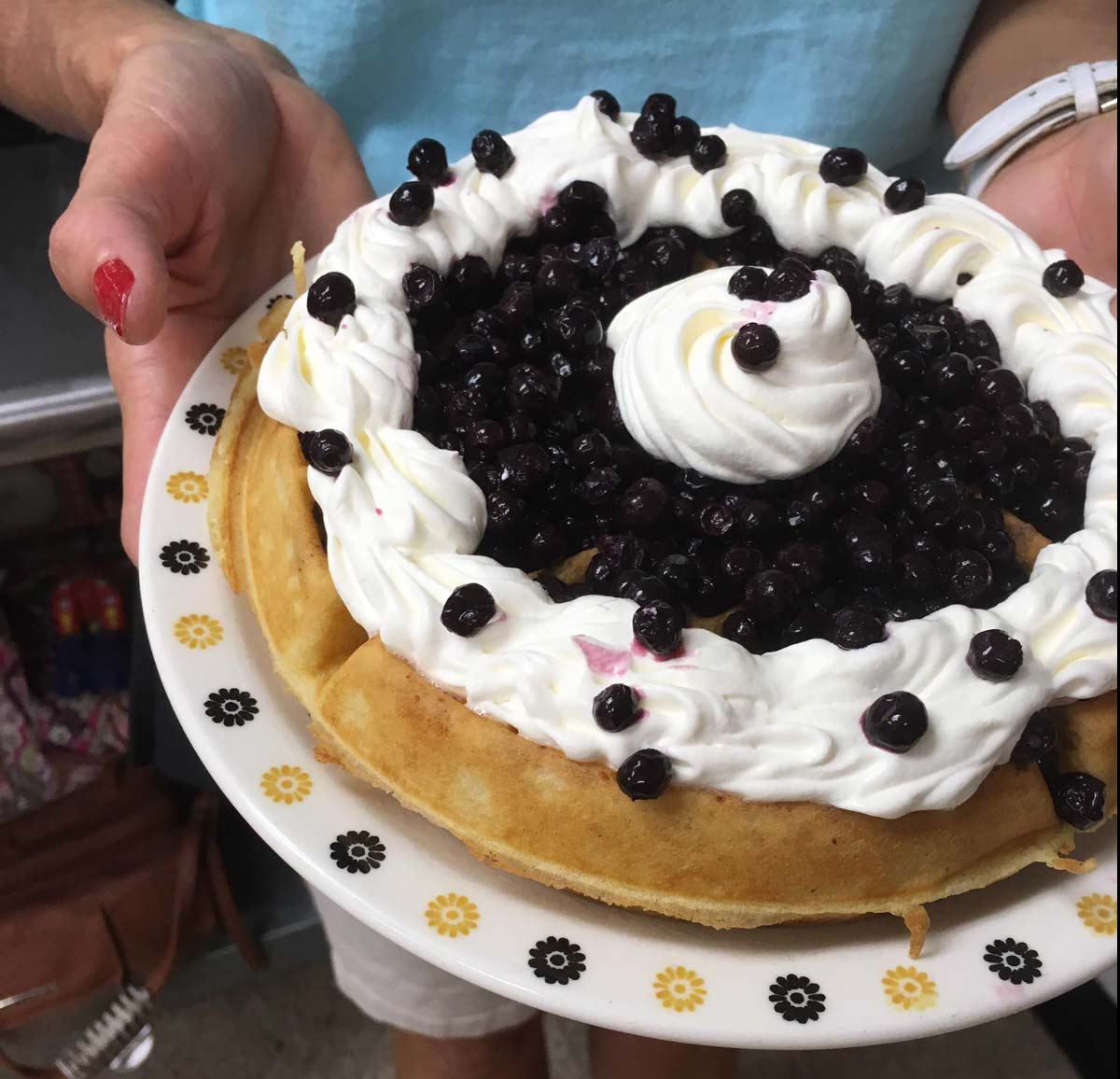 A person holds a plate featuring a golden waffle topped with fresh blueberries.