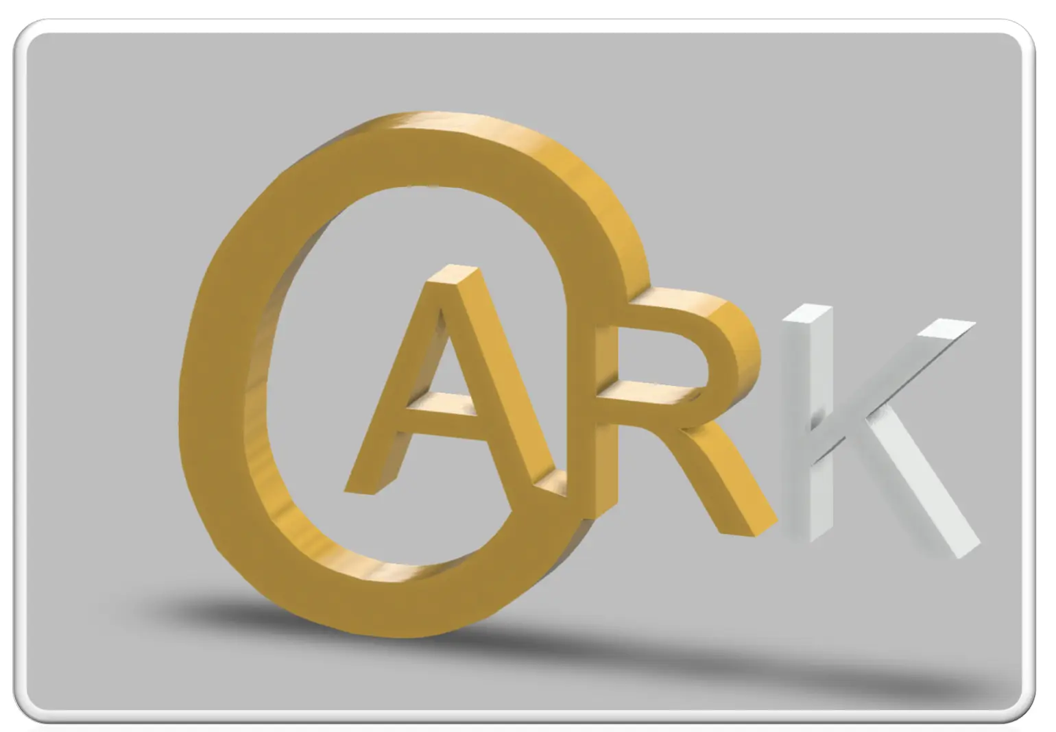 3D design of the word 'ARK' with the letters A and R in gold and the letter K in white on a gray background.