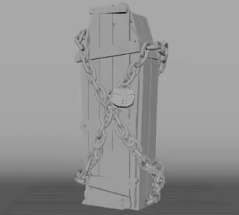 Gray wooden coffin wrapped with chains and secured by a padlock.