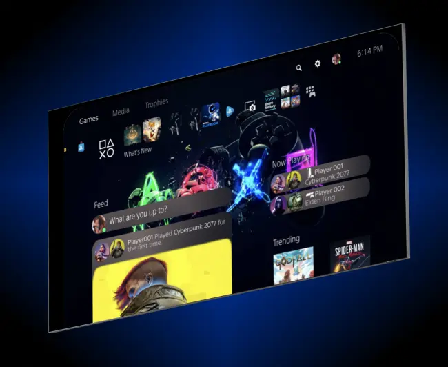 PlayStation 5 user interface showing a social feed with player activities, game thumbnails, and navigation menu.