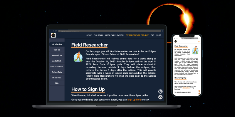 Website and mobile view of an Eclipse Soundscapes Citizen Scientist Field Researcher sign-up page, with a solar eclipse in the background.