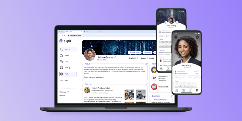 Laptop and two smartphones displaying the Pupil user profile interface with details of users Adrian Garcia and Erin Young, including photos, bios, projects, and contact options on a purple background.