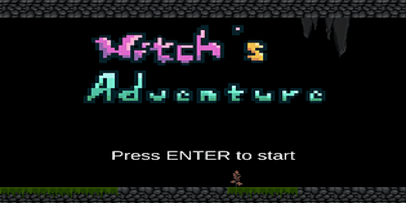 Pixel art title screen for a game named 'Witch's Adventure' with a prompt to press ENTER to start, featuring a small pixelated character on a stone platform.