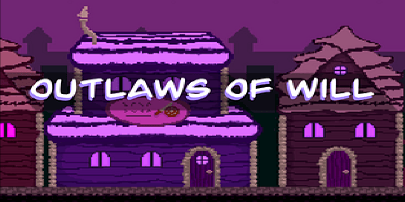 Pixel art scene of three log cabins with purple roofs and lit windows at night, with the text 'OUTLAWS OF WILL' in bold white letters across the center.