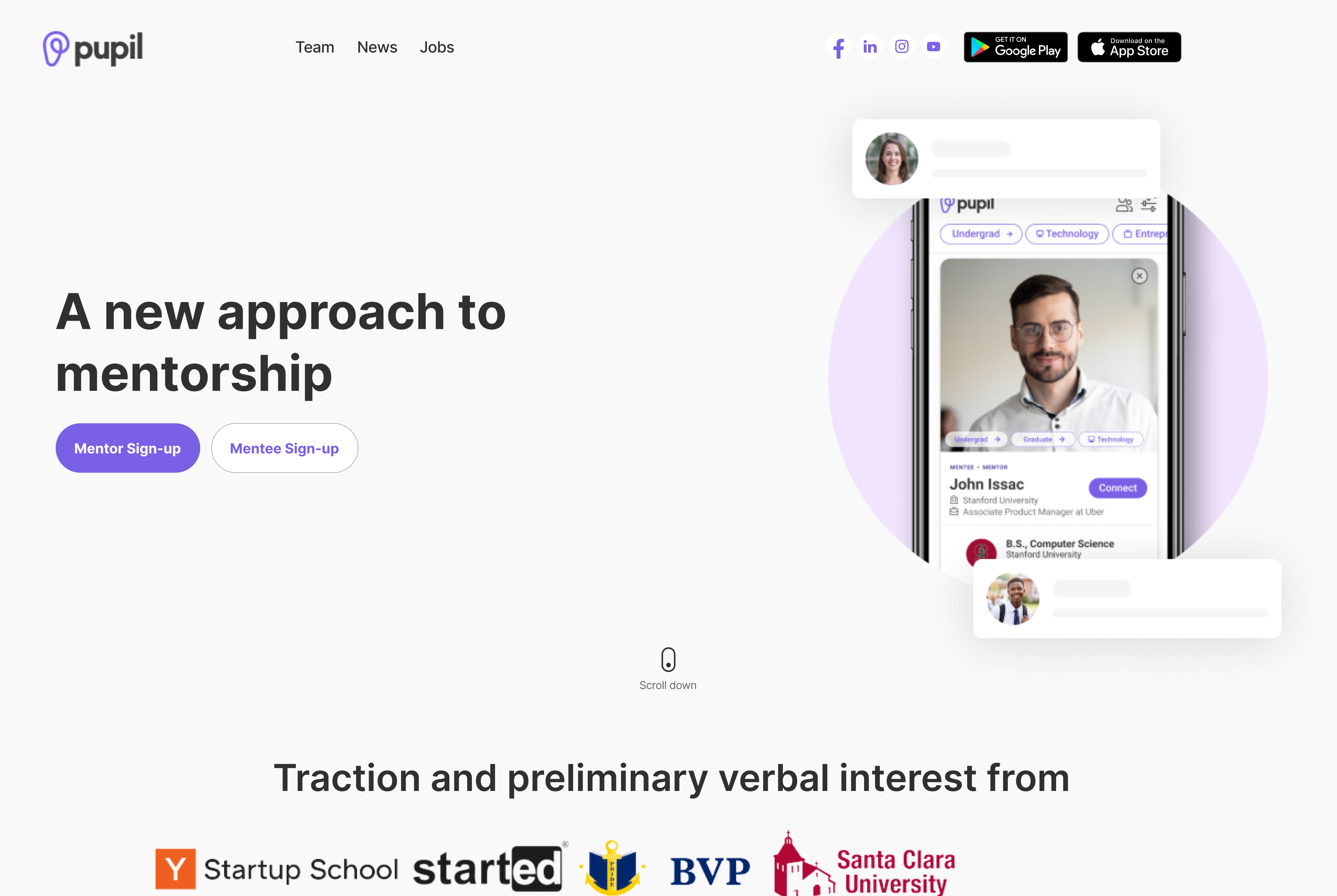 Pupil mentorship website homepage with sign-up buttons and a mobile app interface showing a mentor profile.