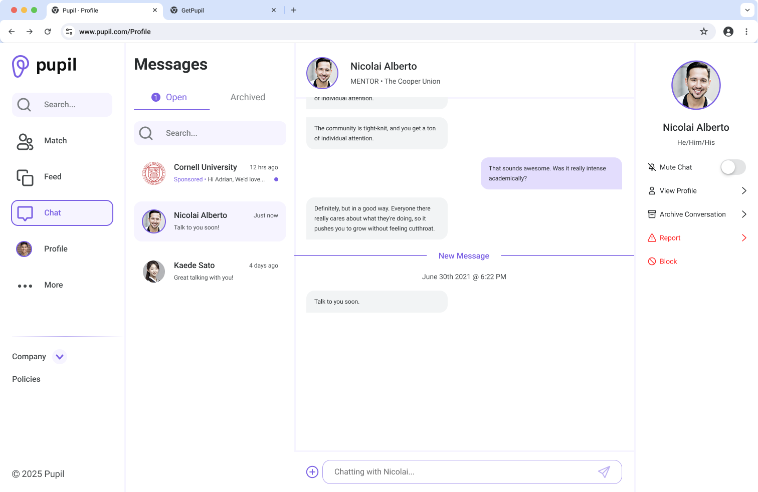 Chat interface on Pupil platform showing messages between user and Nicolai Alberto, with profile options including mute, view profile, archive, report, and block.