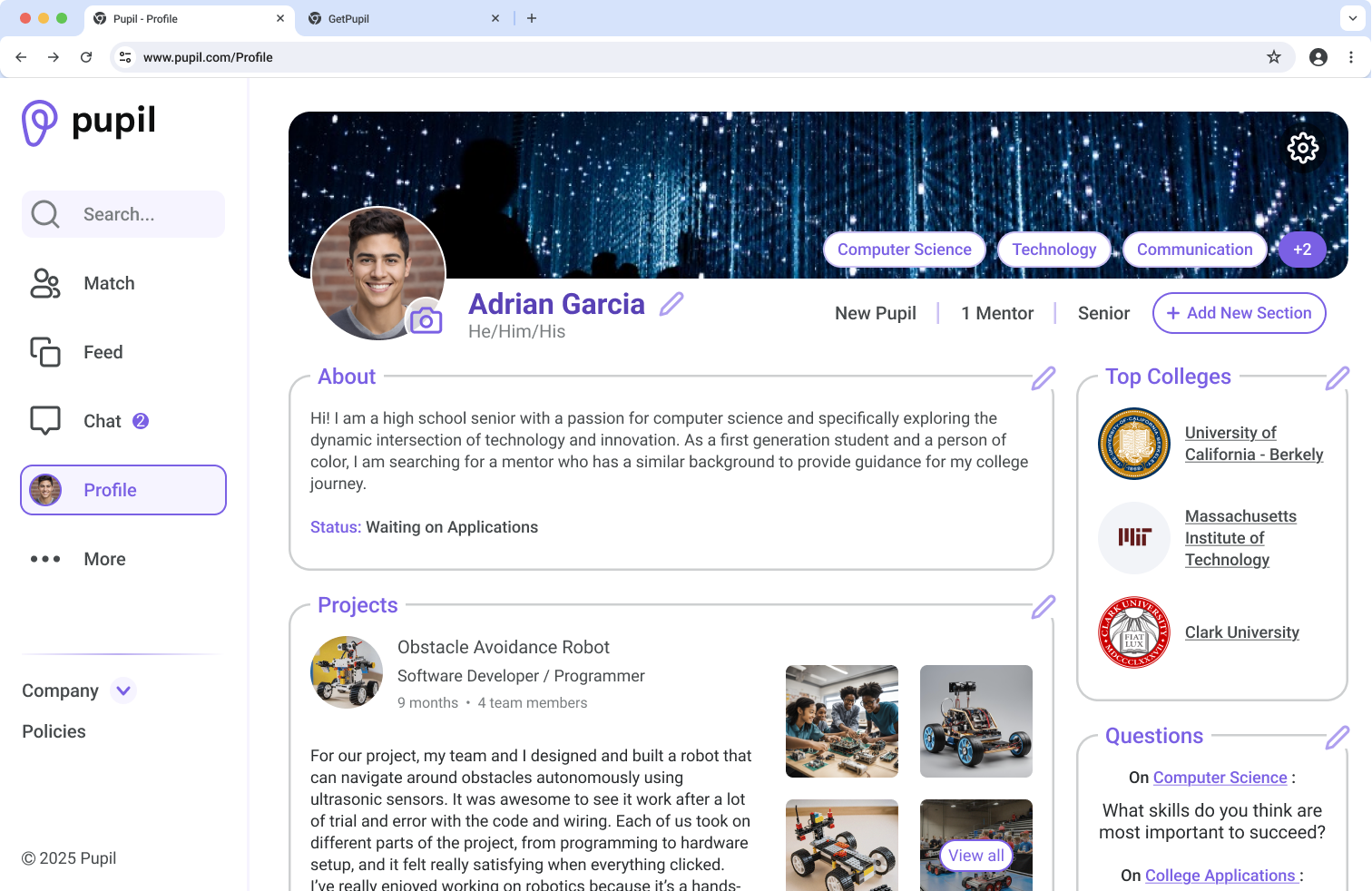 User profile page for Adrian Garcia on Pupil platform showing profile picture, interests in computer science, technology, communication, about section, projects with robot images, top colleges listed, and questions about skills and applications.