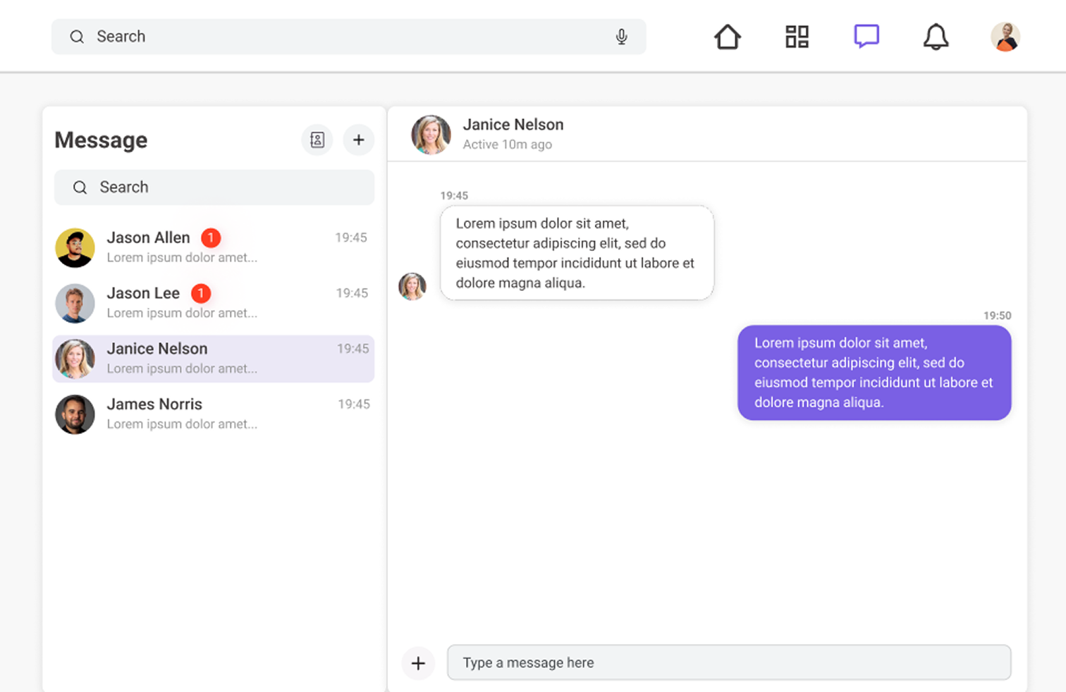 User interface of a messaging app showing a conversation between two people with chat bubbles and message timestamps.