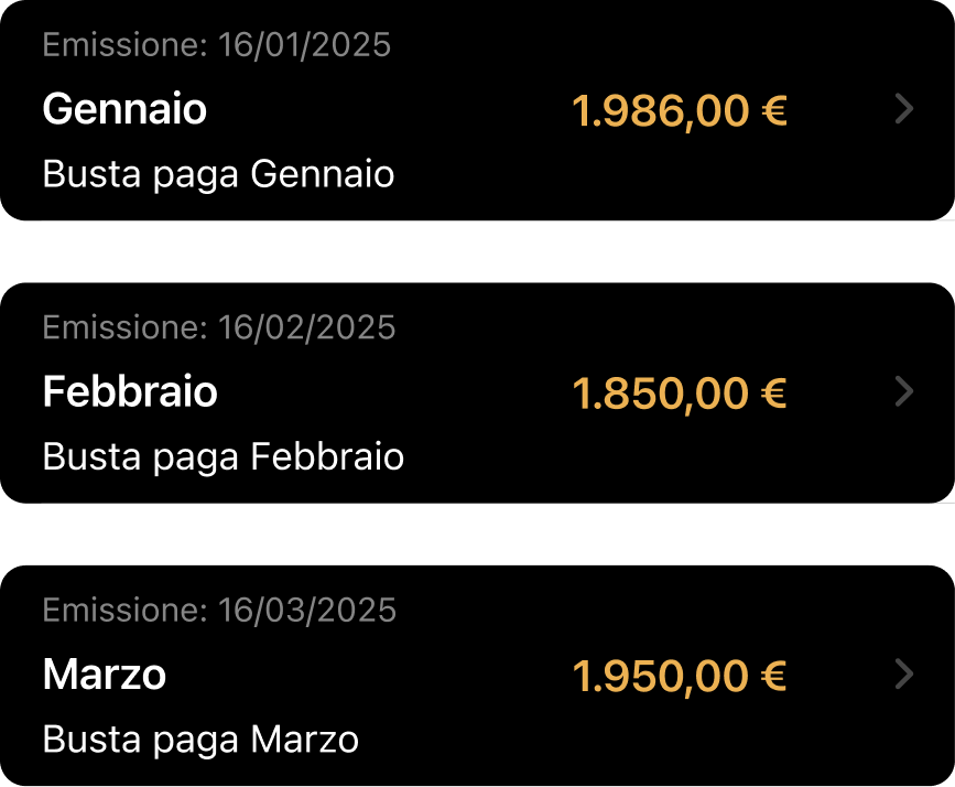 Schermata mostra le diverse buste paga per ogni mese nell'app JunoILVHR