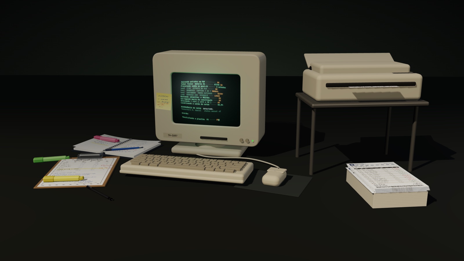 Mesa de tesouraria analógica: computador antigo, impressora e papéis