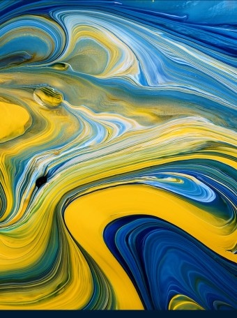 Abstract fluid art with swirling patterns in yellow, blue, and white colors.