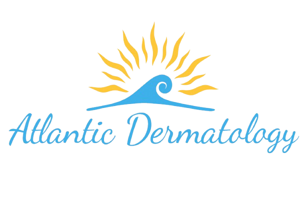 Atlantic Dermatology logo with blue wave and yellow sun rays above the text.