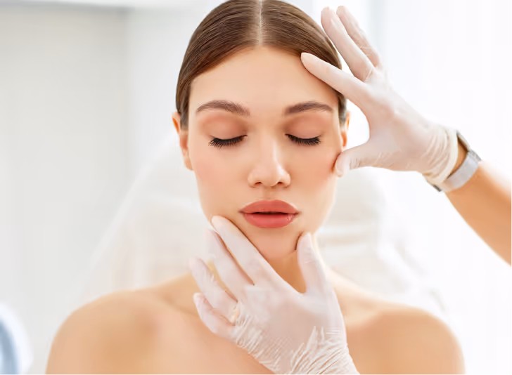 Woman with closed eyes having her face examined by gloved hands in a clinical setting.