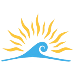 Blue ocean wave with yellow sun rays in the background.