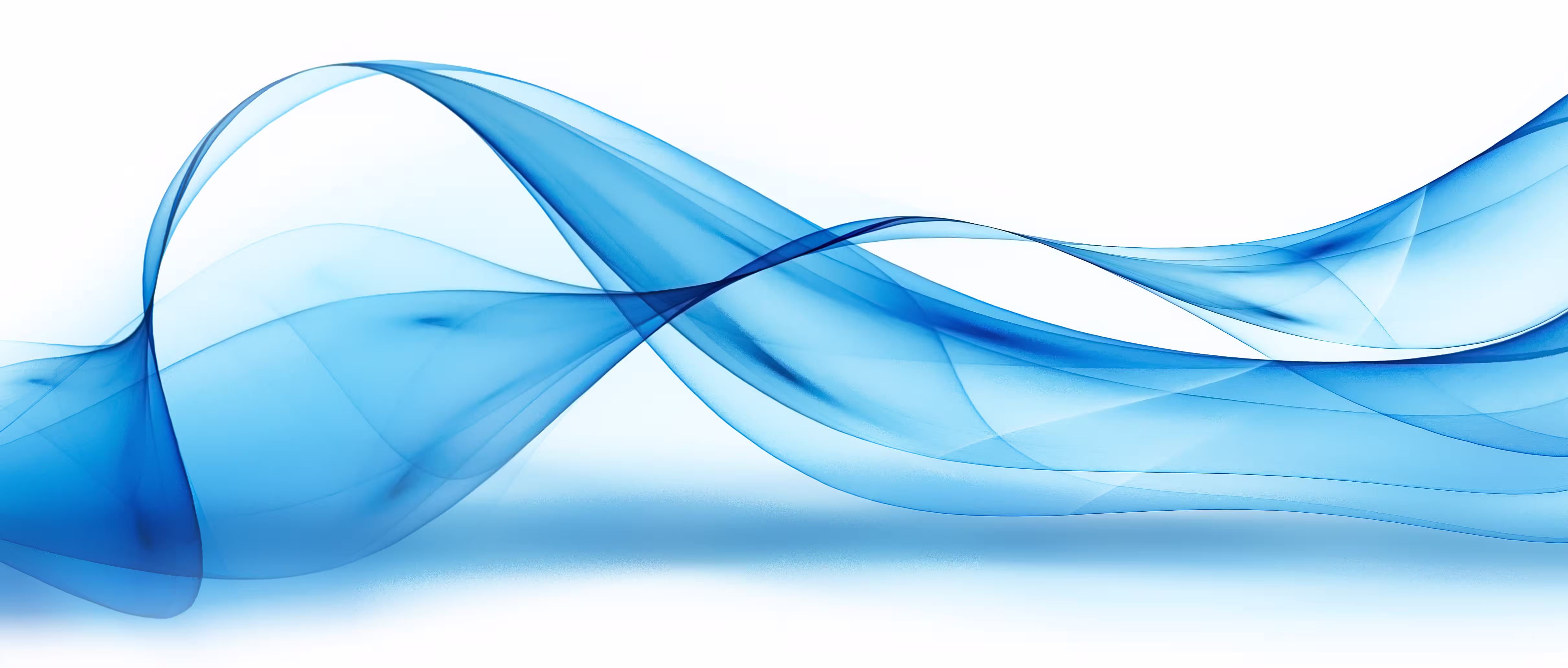 Abstract flowing blue translucent wave shapes on a white background.