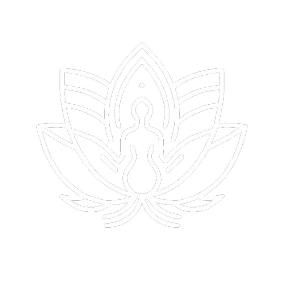 Line art of a person meditating inside a stylized lotus flower with symmetrical petals on a black background.