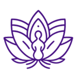 Purple line art of a stylized lotus flower with a central flame-like shape.