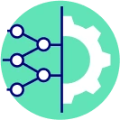 Teal circle graphic showing interconnected nodes on the left and a gear on the right, separated by a vertical line, representing a connection between network systems and machinery.