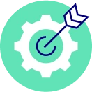 A teal circle icon depicts a gear with a target and arrow, signifying focused strategy.