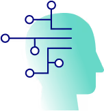 Teal-colored profile head graphic with interconnected, dark-blue circuit-style lines and white circles, representing neural connections