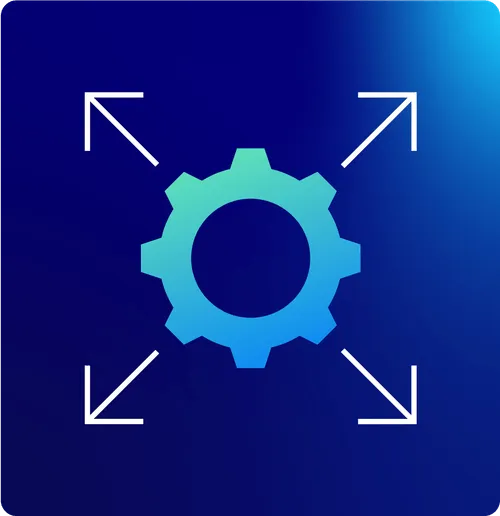 Gradient blue gear icon with surrounding arrows indicating expansion or resizing.