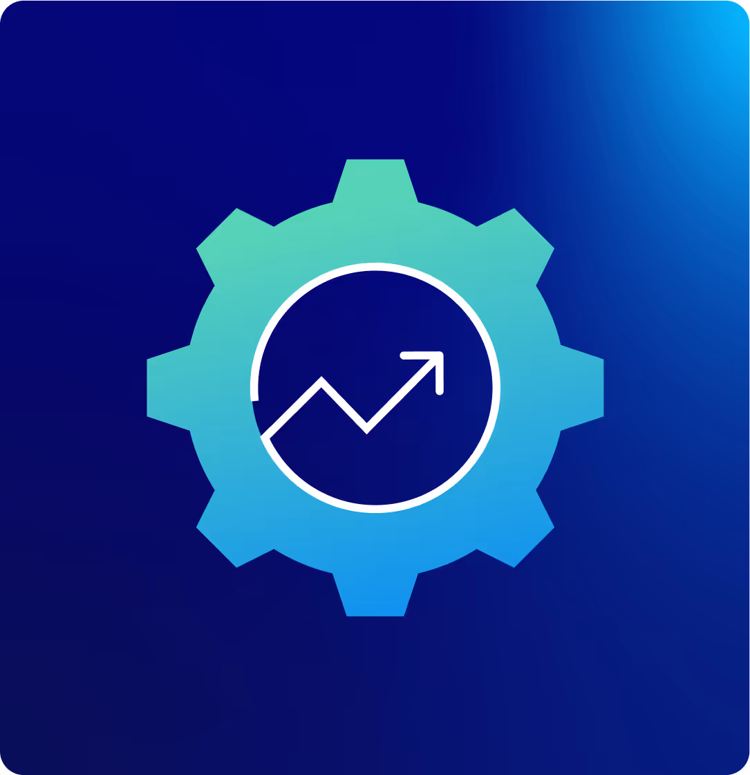 Blue gradient gear icon with upward trending line graph inside.