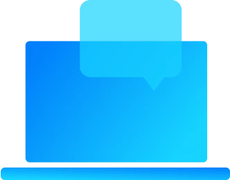 Blue icon of a laptop with a speech bubble