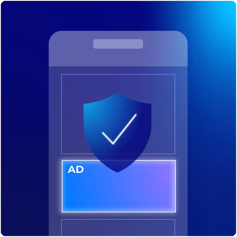 Digital illustration of a smartphone with a blue shield and checkmark above a glowing ad block, symbolizing safe and effective monetization.