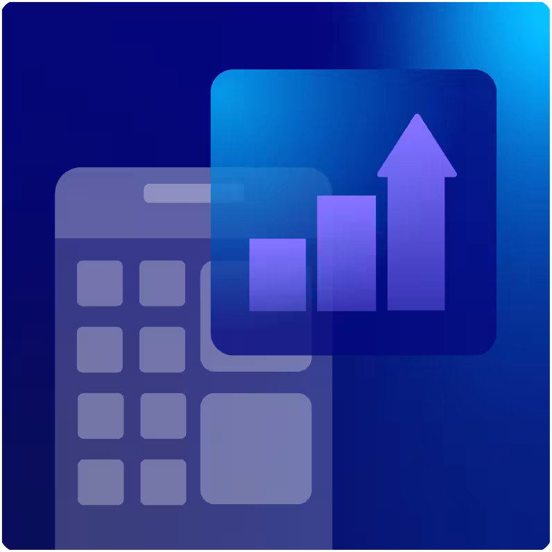A blue and purple graphic showing a calculator and a bar chart with an upward arrow, symbolizing financial growth and data analysis.