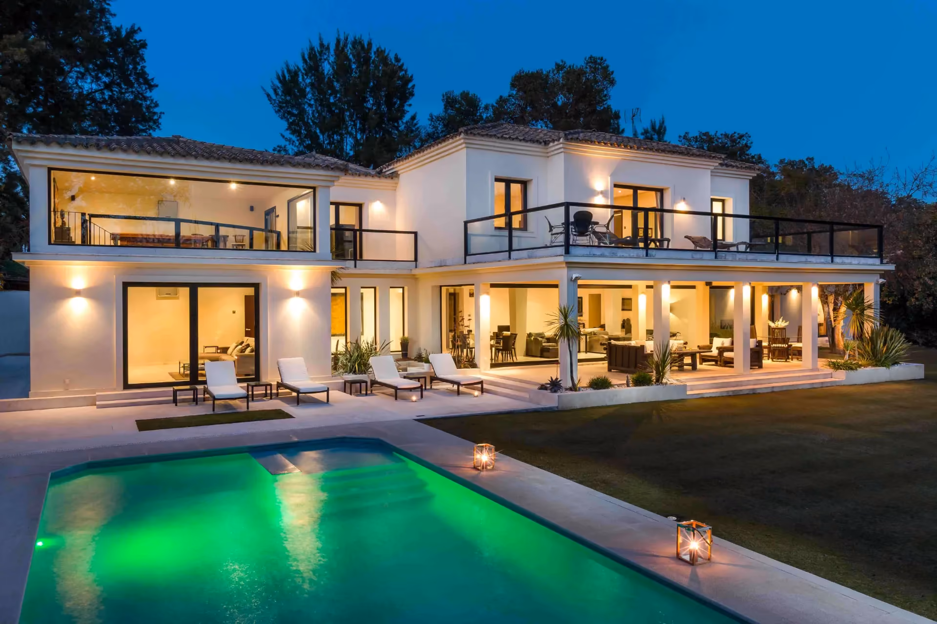 Villa exterior at dusk in Sotogrande