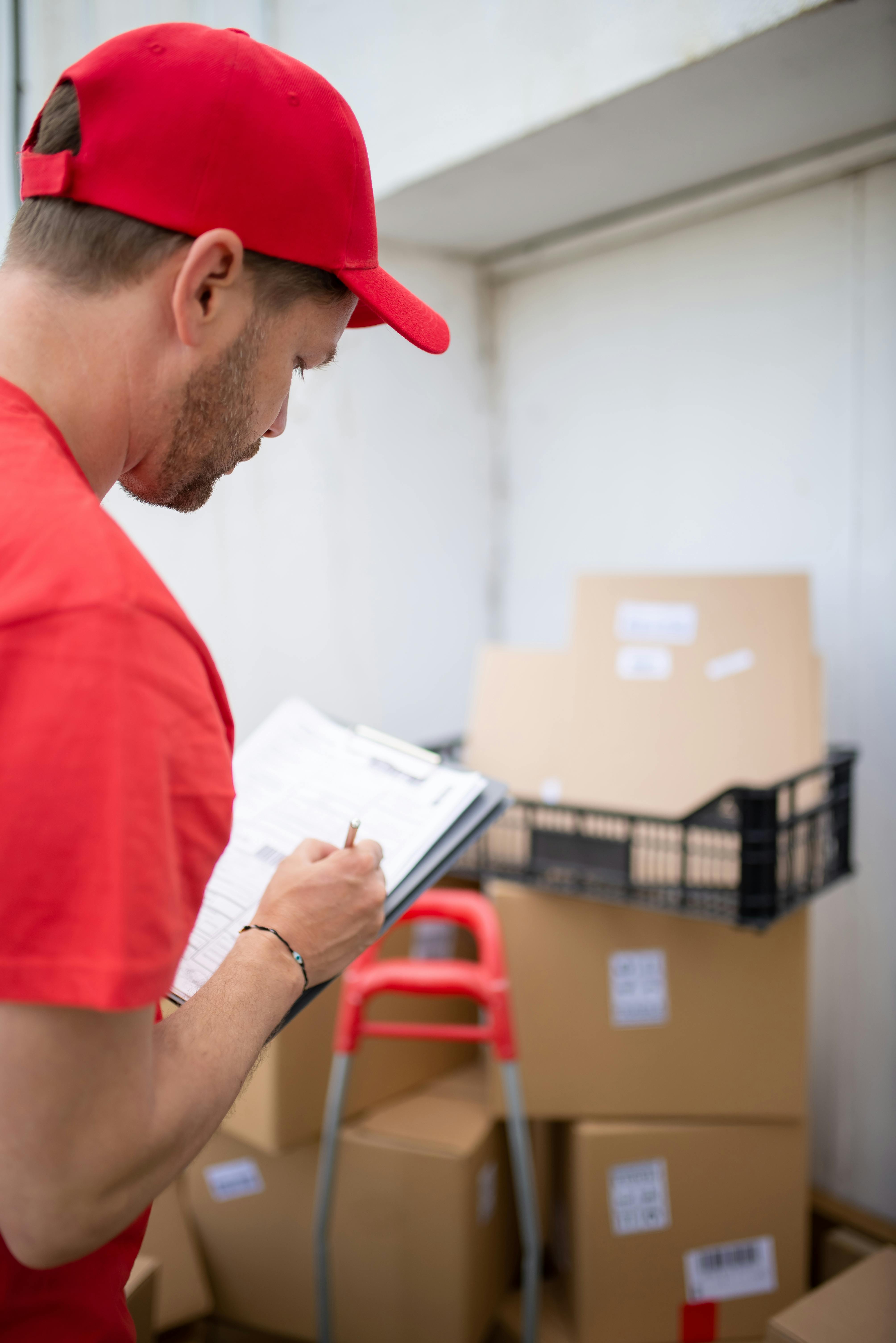 A deliveryman in a red shirt and hat checks a clipboard with boxes and folders in front of him