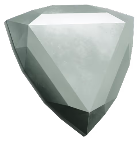 Faceted translucent gray diamond-shaped crystal with a textured surface.