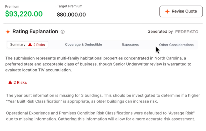 Premium and Rating Explanation Summary example