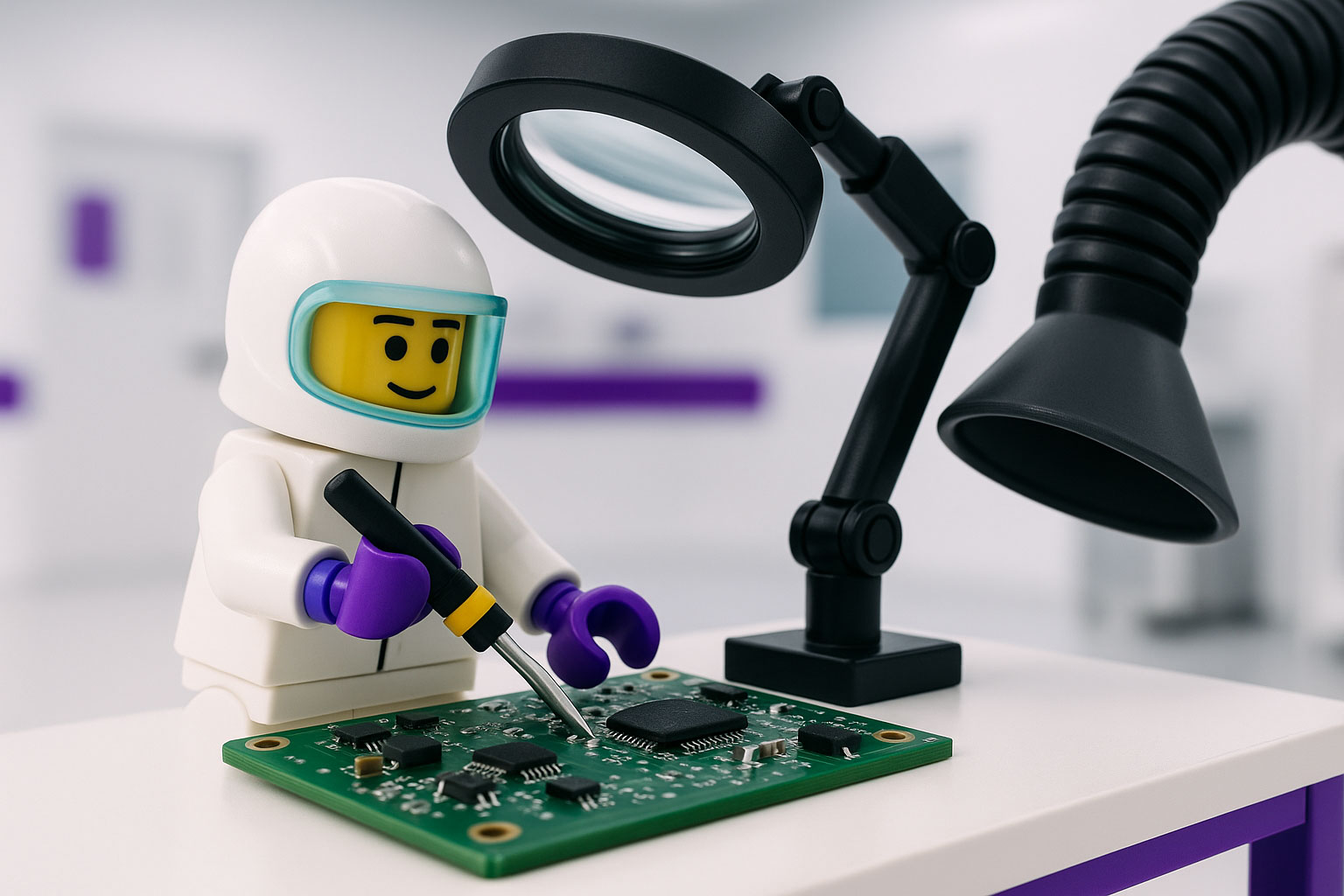 Lego figures working on a circuitboard
