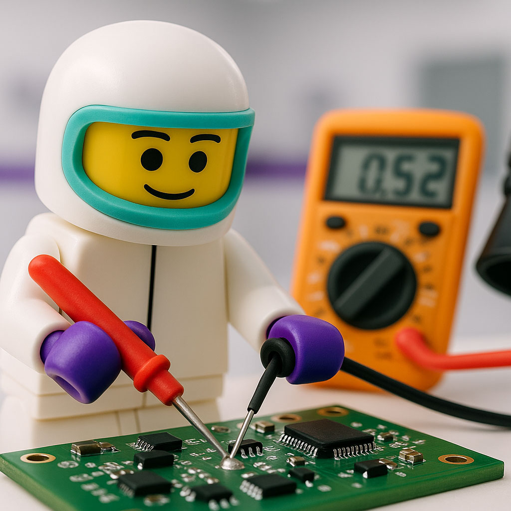 Lego figure soldering a circuitboard