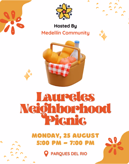 Flyer for Laureles Neighborhood Picnic hosted by Medellín Community on Monday, 25 August from 5 PM to 7 PM at Parques del Rio with a picnic basket illustration.