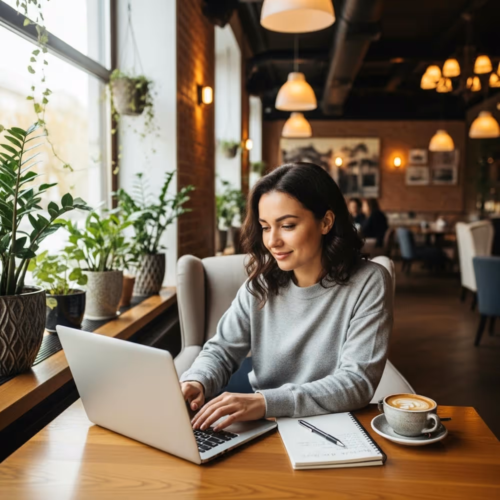 Woman typing on a laptop at a wooden table in a cozy cafe with potted plants and a cup of coffee nearby.