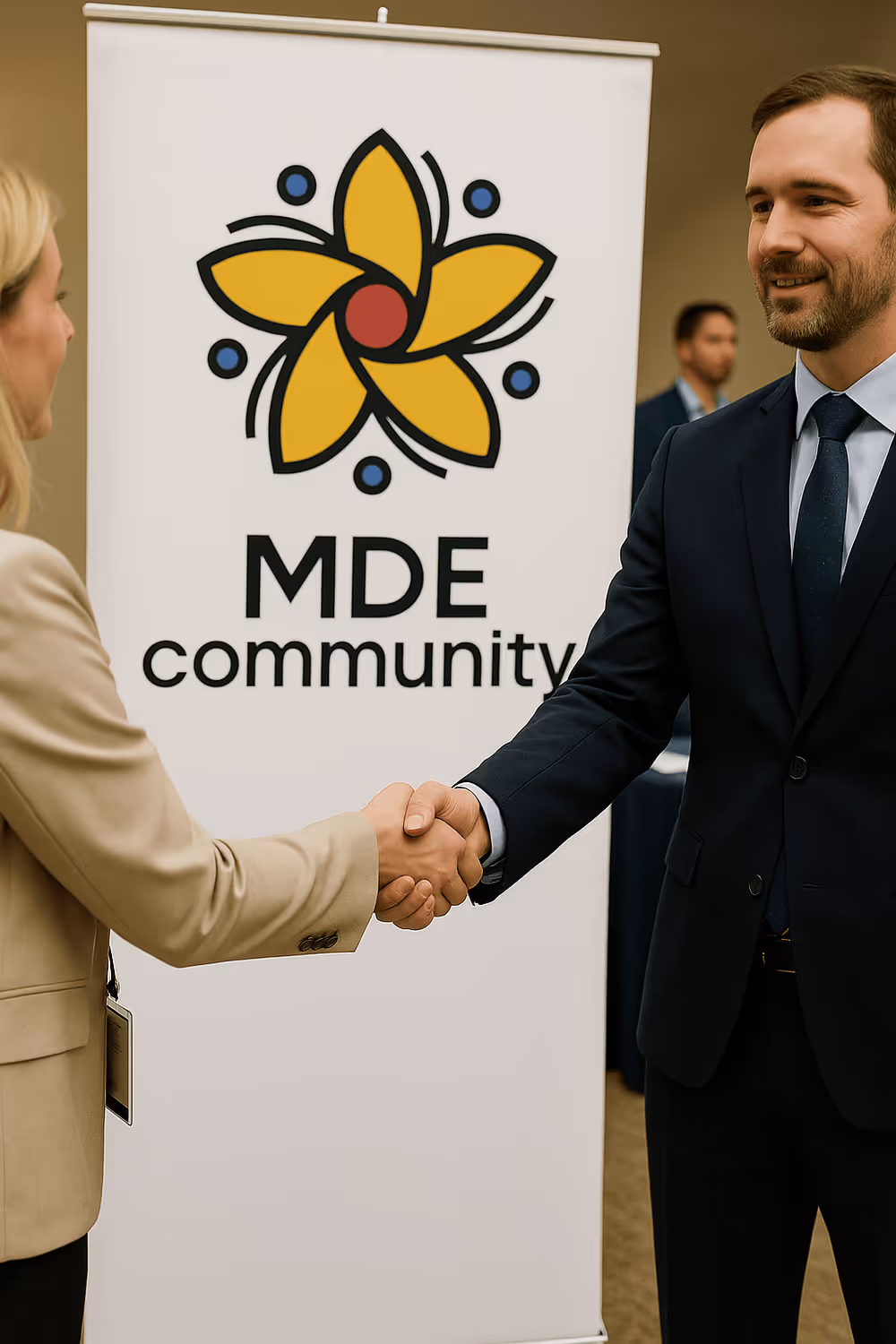 Two business professionals shaking hands in front of an MDE community banner.