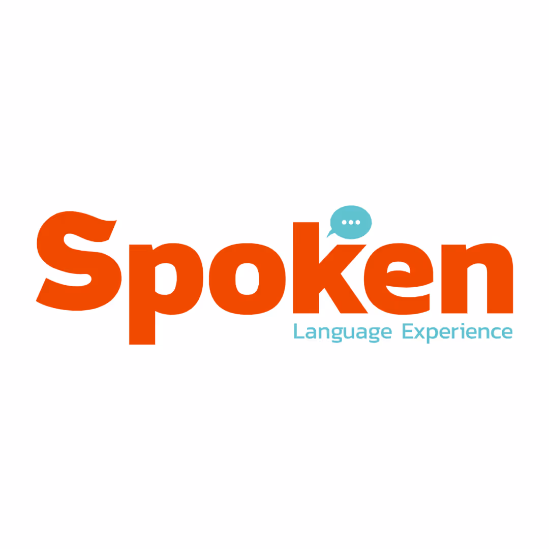 Logo for Spoken Language Experience with the word 'Spoken' in bold orange and a blue speech bubble over the letter 'k'.