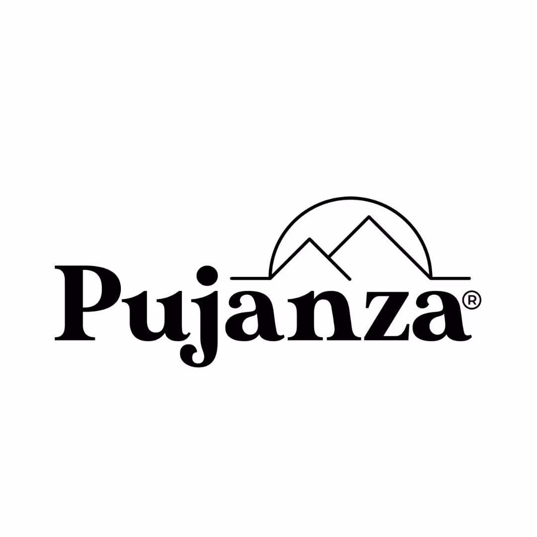 Pujanza brand name with a minimalist mountain design above the letters.