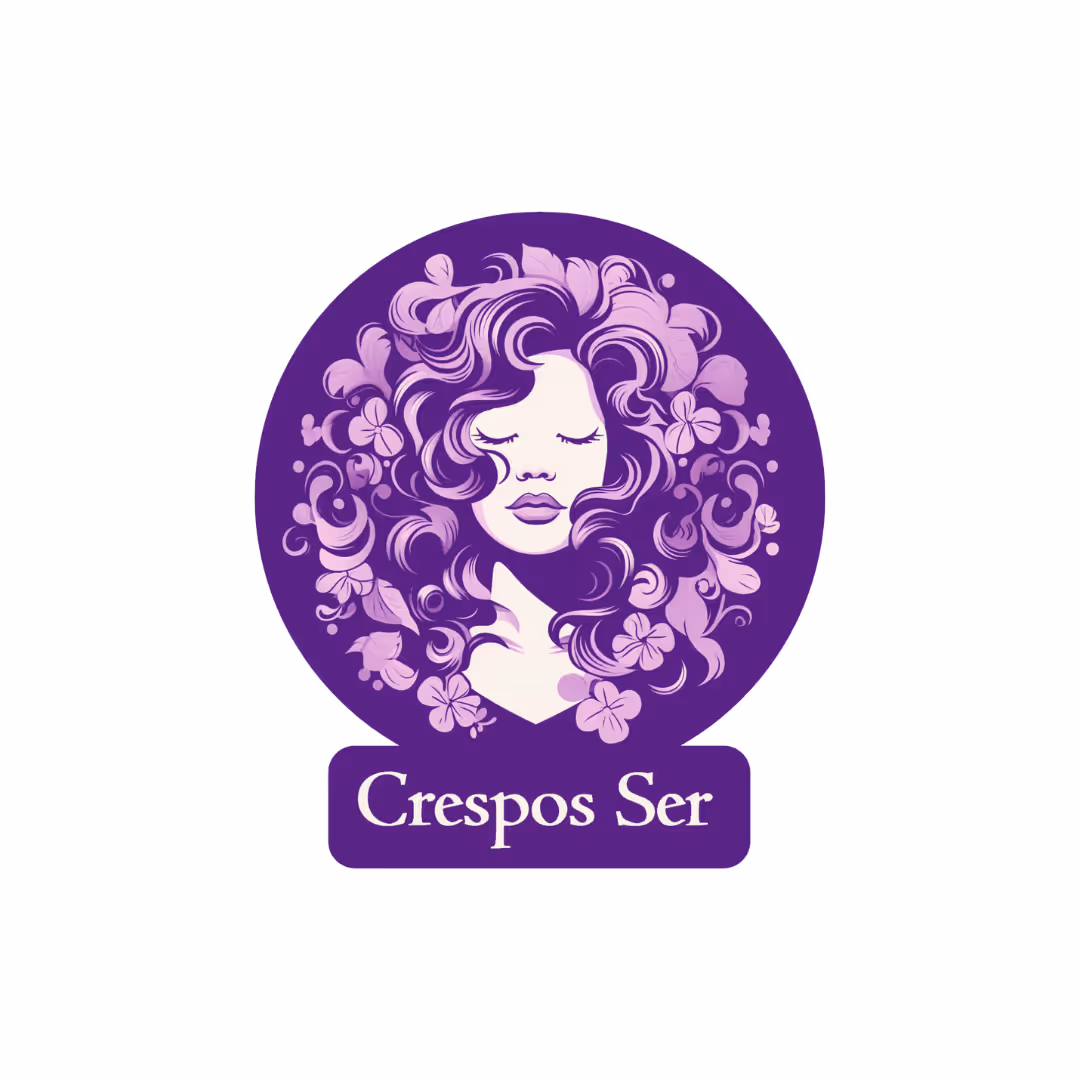Illustration of a woman with closed eyes and curly hair made of swirling floral patterns, with the text Crespos Ser below.