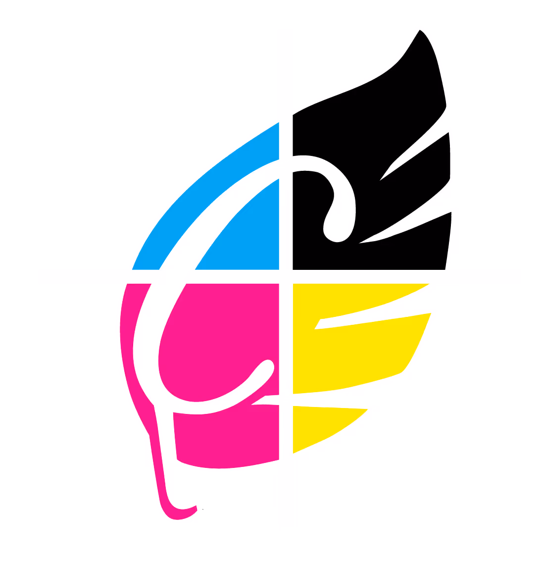 Abstract colorful winged face logo divided into cyan, magenta, yellow, and black sections.