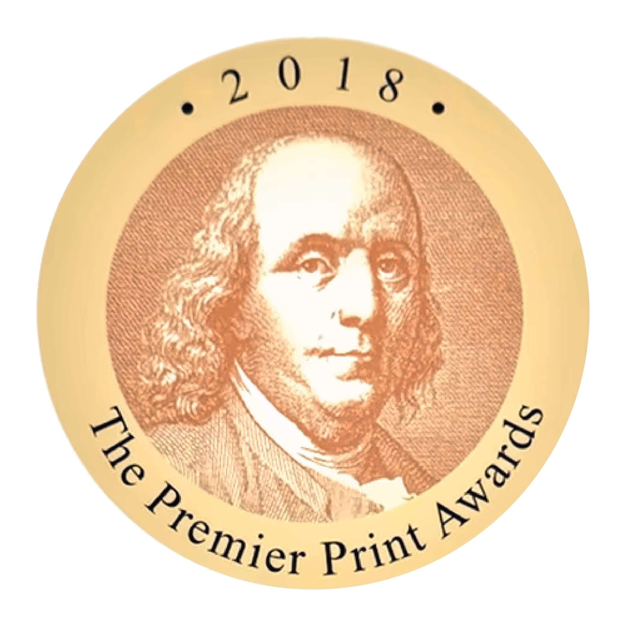 2018 Premier Print Awards badge featuring an engraved portrait of Benjamin Franklin.