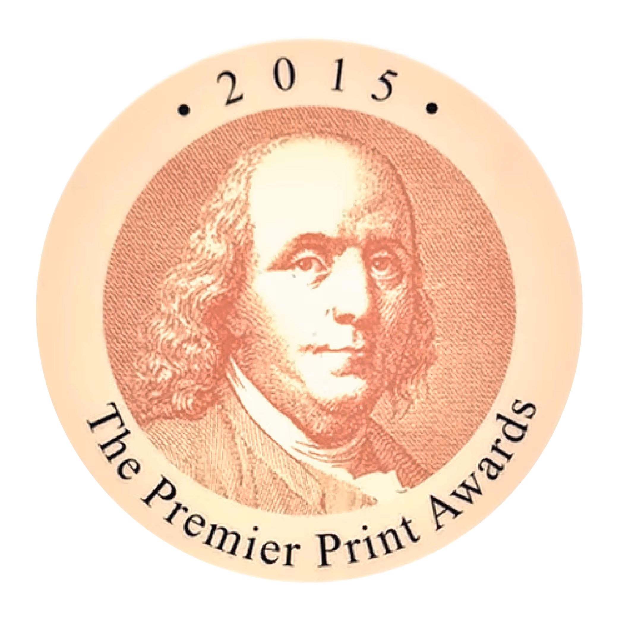 2015 Premier Print Awards circular emblem featuring a sepia portrait of Benjamin Franklin.