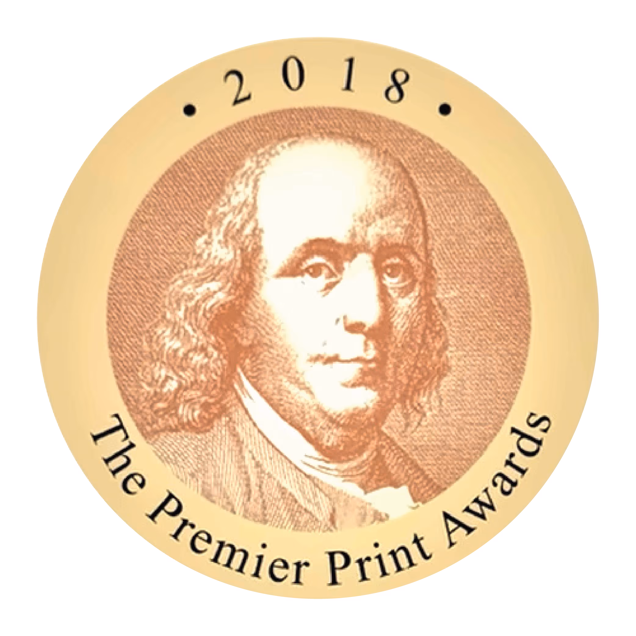 2018 Premier Print Awards seal with a portrait of Benjamin Franklin in the center.