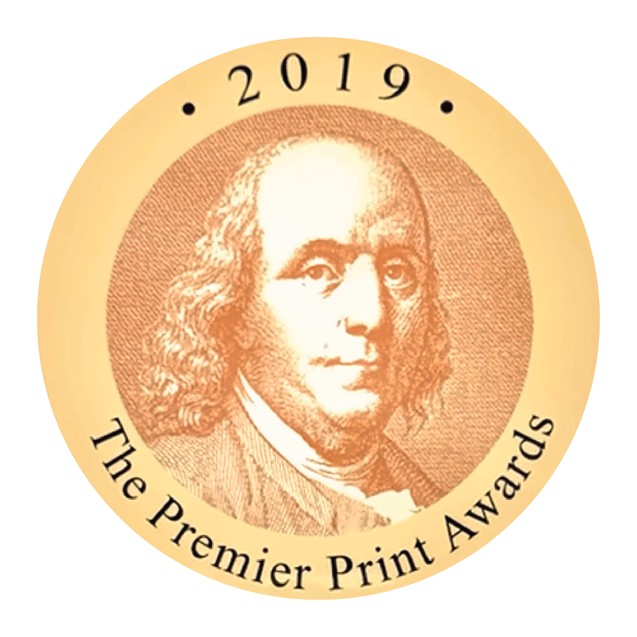 2019 Premier Print Awards gold medallion featuring a portrait of Benjamin Franklin.