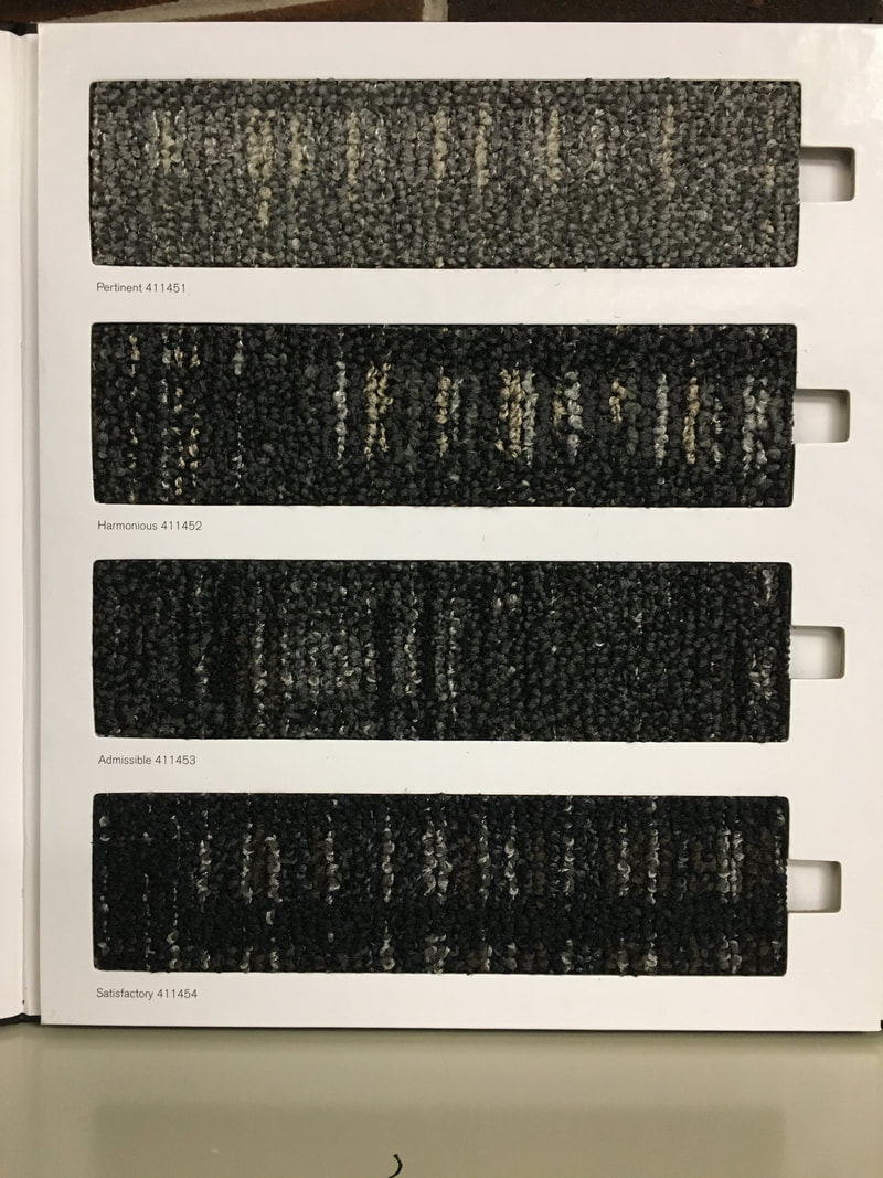 Carpet sample book page showing four dark textured carpet swatches with names and item numbers.